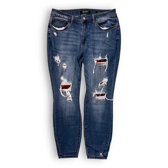Judy Blue Dark Wash Distressed Plaid Lined Skinny Jeans Rustic Heritage 14W - Picture 3 of 10